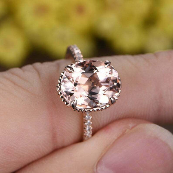 2ct Oval Cut Peach Morganite Diamond Accents Milgrain Ring 14k Rose Gold Finish