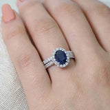 2.5ct Oval Cut Blue Sapphire Engagement Ring Halo Bridal Set 14k White Gold Over