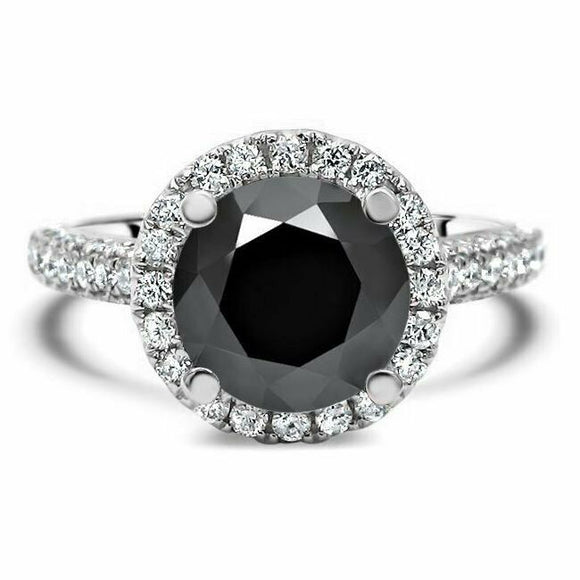 4Ct Round Cut Black Diamond Pave Set Halo Engagement Ring 14K White Gold Finish