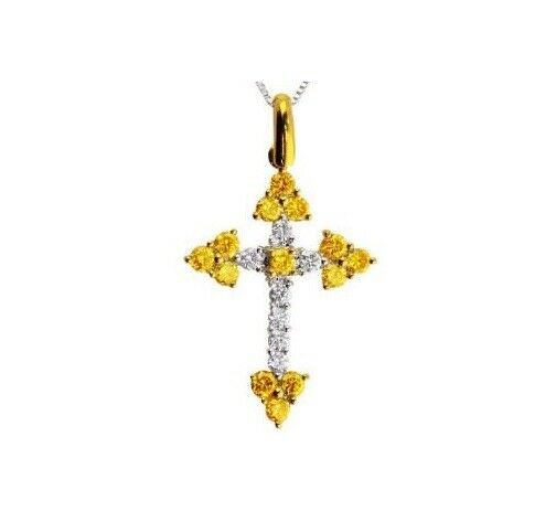 2Ct Round Cut Yellow Sapphire Diamond Jesus Cross Pendant 14K Dual Gold Finish