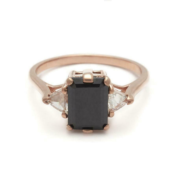 1.2ct Emerald Cut Black Diamond Trillion Accents Trilogy Ring 14k Rose Gold Over