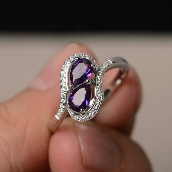 2ct Pear Cut Purple Amethyst Swirl Unique Engagement Ring 14k White Gold Finish