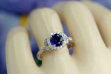 1.5ct Round Cut Blue Sapphire Engagement Ring Halo Floral 14k White Gold Finish