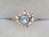 2ct Engagement Ring Round Cut Blue Aquamarine Cluster 14k Yellow Gold Finish