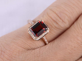 2.3ct Emerald Cut Red Garnet Engagement Ring Diamond Halo 14k Rose Gold Finish