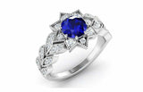 2.5ct Round Cut Blue Sapphire Flower Leaves Engagement Ring 14k WhiteGold Finish