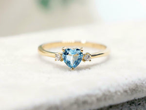 1ct Heart Blue Aquamarine Engagement Ring Minimalist Trilogy 14k YellowGold Over