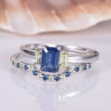 1.9ct Emerald Cut Blue Sapphire Bridal Set Engagement Ring 14k White Gold Finish