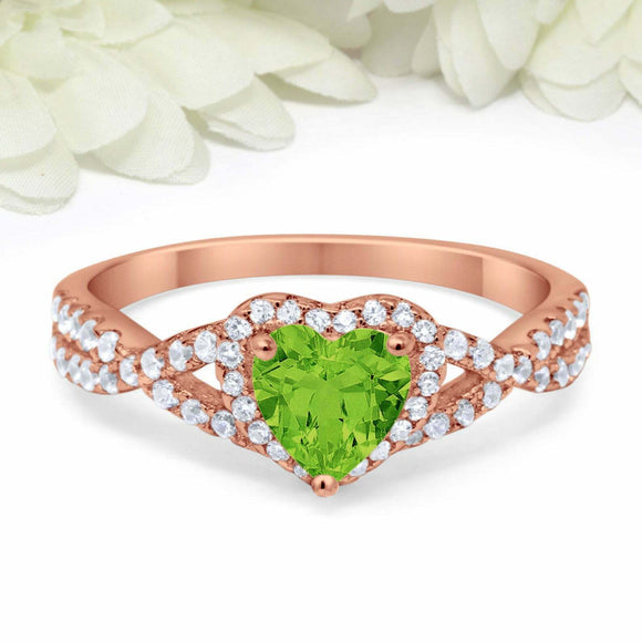 2ct Heart Cut Green Peridot Engagement Ring Split Shank Halo 14k RoseGold Finish