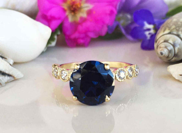 2.1ct Round Cut Blue Sapphire Round Diamond Accent Ring 14k Yellow Gold Finish