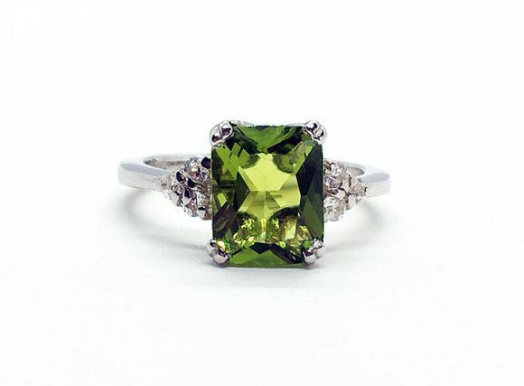 2.2ct Engagement Ring Radiant Green Peridot Diamond Petite 14k White Gold Finish