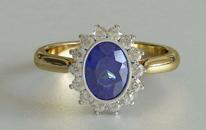 2ct Oval Cut Blue Sapphire Engagement Ring Diamond Halo 14k Yellow Gold Finish