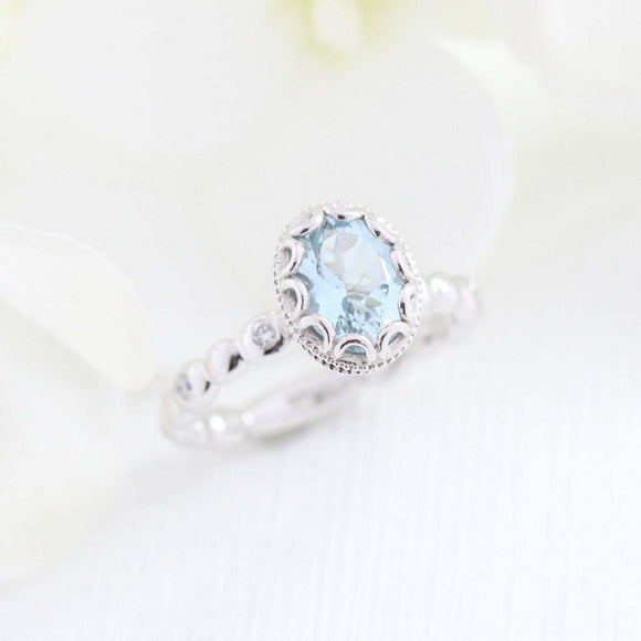 1.5ct Oval Cut Blue Aquamarine Diamond Accents Floral Ring 14k White Gold Finish