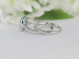 4Ct Oval Blue Aquamarine Bridal Set Diamond Halo Ring Band 14K White Gold Finish