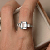 2.2ct Emerald Cut Blue Aquamarine Engagement Ring 5 Stone 14k White Gold Finish