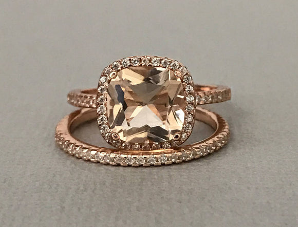 2ct Cushion Cut Peach Morganite Bridal Set Engagement Ring 14k Rose Gold Finish