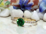 1.2ct Round Cut Green Emerald Solitaire with Accent Ring 14k Yellow Gold Finish