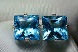 5ct Stud Earrings Princess Cut Blue Topaz Solitaire Women 14k White Gold Finish