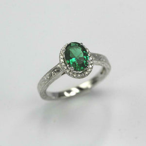 2.2ct Oval Cut Green Emerald Engagement Ring Vintage Halo 14k White Gold Finish