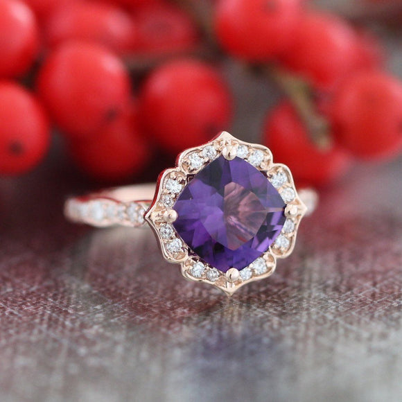 1.2ct Cushion Cut Purple Amethyst Vintage Engagement Ring 14k Rose Gold Finish