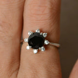 Floral Solitaire Engagement Ring 1.5ct Round Black Diamond 14k White Gold Finish