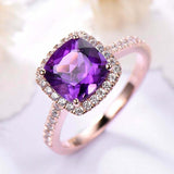 1.9ct Cushion Cut Purple Amethyst Engagement Ring Diamond Halo 18k RoseGold Over