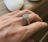 1.5ct Marquise Cut Blue Aquamarine Vintage Bridal Set Ring 14k White Gold Finish