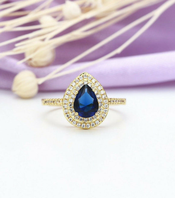 2.5ct Pear Cut Blue Sapphire Engagement Ring Double Halo 14k Yellow Gold Finish