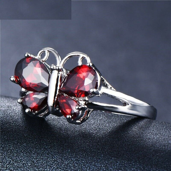 2ct Pear Cut Red Garnet Engagement Ring 14k White Gold Finish Butterfly Design