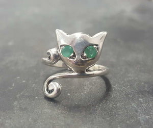 0.5ct Engagement Ring Round Cut Green Emerald Cat Kitten 14k White Gold Finish