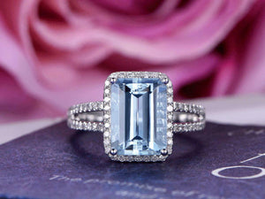 2.3ct Emerald Cut Aquamarine Engagement Ring Split Band Halo 14k White Gold Over