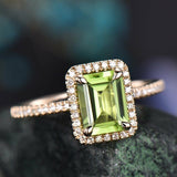 2Ct Emerald Cut Green Peridot Halo Solitaire Engagement Ring 14K Rose Gold Over