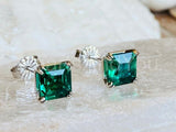 2ct Asscher Simulated Emerald Dual Prong Stud Earrings 14k White Gold Plated