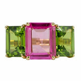 4Ct Emerald Cut Pink Sapphire Peridot Three Stone Ring 14K Yellow Gold Finish