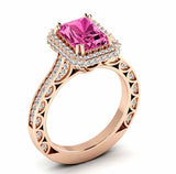 2.5ct Emerald Pink Sapphire Halo Solitaire with Accent Ring 14k Rose Gold Finish