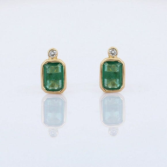 1.4ct Stud Earrings Green Emerald Cut Bezel Set Solitaire 14k Yellow Gold Finish