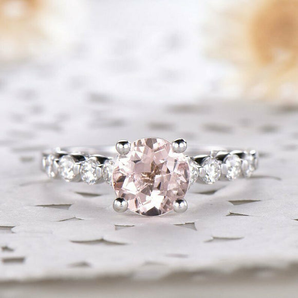 1.5ct Round Cut Peach Morganite Solitaire Ring 14k White Gold Over Round Accents