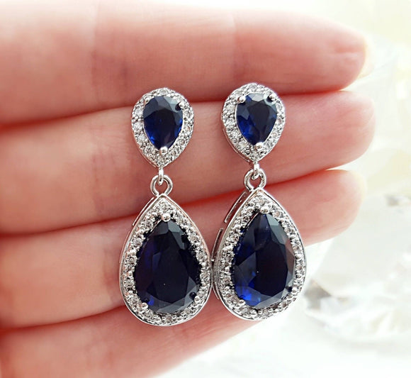 4ct Pear Cut Blue Sapphire Water Tear Halo Drop Earrings 14k White Gold Finish