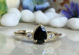 1.3ct Engagement Ring Pear Cut Black Diamond Trilogy Design 14k Yellow Gold Over