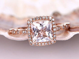 1.4ct Princess Cut Peach Morganite Halo Engagement Ring 14k Rose Gold Finish