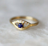 0.7ct Round Cut Blue Sapphire Engagement Ring 14k Yellow Gold Finish Devil Eye