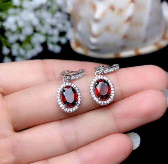 2ct Drop Earrings Oval Cut Red Garnet Diamond Halo Latch Back 14k WhiteGold Over