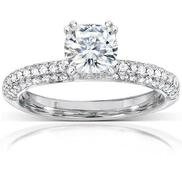 2.4Ct Cushion Cut Diamond Solitaire Ring 14K White Gold Finish Iced Round Accent