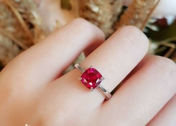 1.5ct Cushion Cut Pink Ruby Engagement Ring 14k White Gold Finish Solitaire