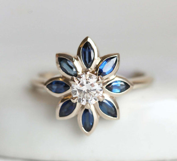 2ct Marquise Cut Blue Sapphire Engagement Ring 14k WhiteGold Over Diamond Flower