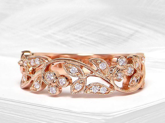 1ct Round Cut VVS1 Diamond Leaf Vine Floral Engagement Ring 14k Rose Gold Finish