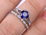 1.2ct Round Cut Blue Sapphire Split Shank Bridal Set Ring 14k White Gold Finish