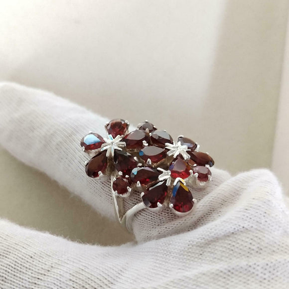 4ct Engagement Ring Pear Cut Red Garnet Floral Cocktail 14k White Gold Finish