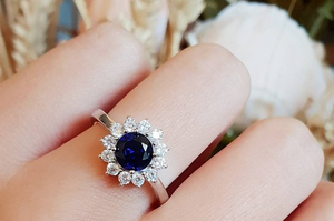 1ct Round Cut Blue Sapphire Engagement Ring 14k White Gold Finish Halo Cluster