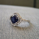 1Ct Round Cut Blue Sapphire Swirl Halo Engagement Ring 14K Rose Gold Finish